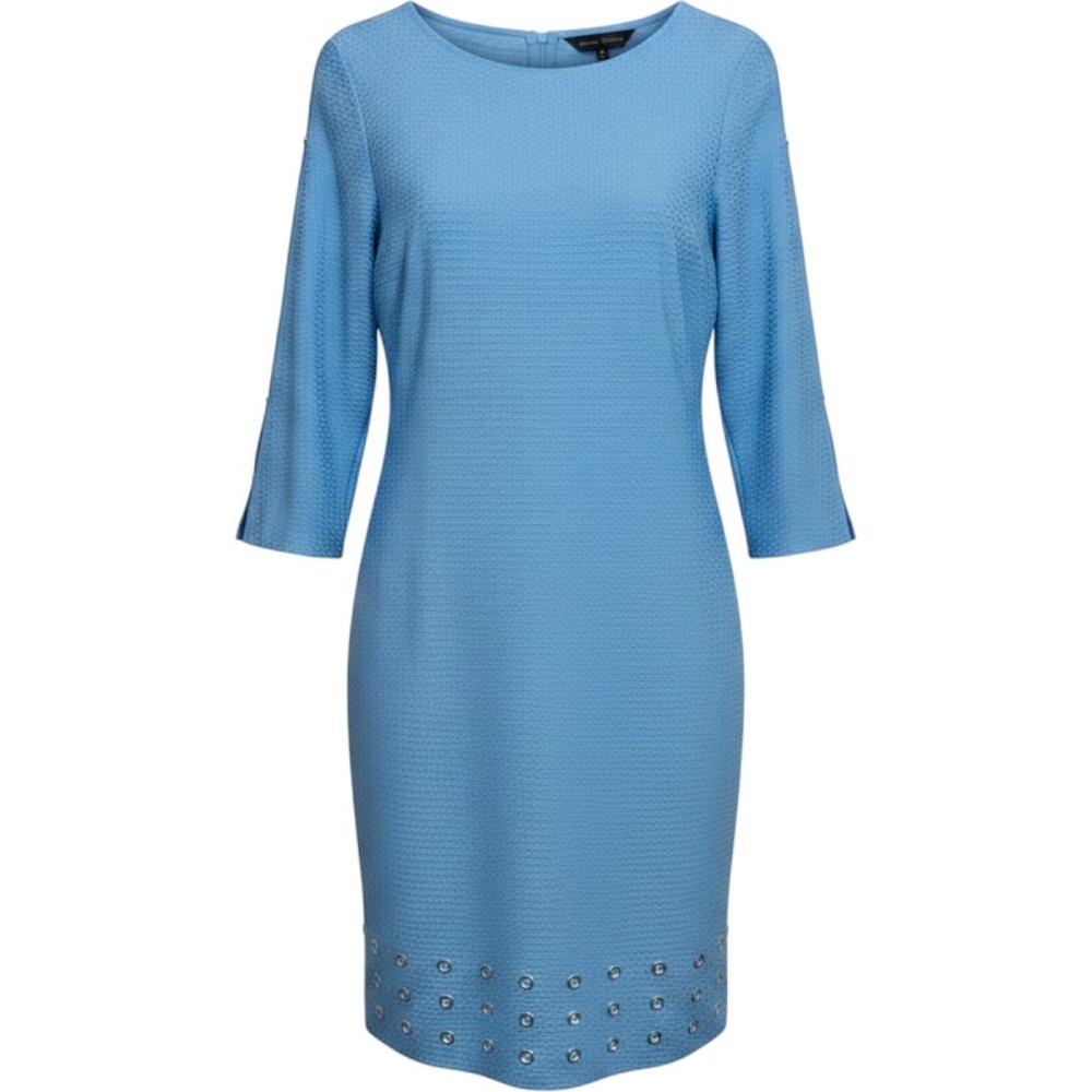 Ming Wang Blue Textured Knit Grommet‎ Hem Sheath Dress Split Sleeve Womens M
